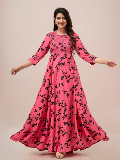 Pink Floral Print Smocked Maxi Fit and Flare Dress