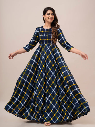 Yellow Checkered Print Smocked Maxi Fit and Flare Dress