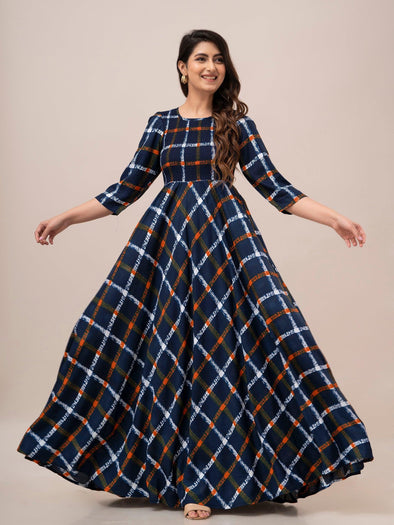 Orange Checkered Print Smocked Maxi Fit and Flare Dress
