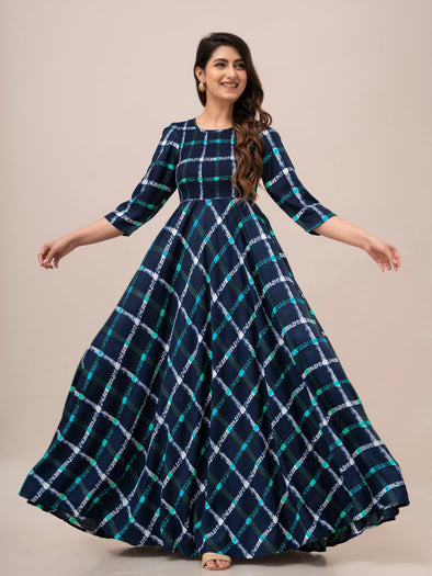 Turquoise Checkered Print Smocked Maxi Fit and Flare Dress
