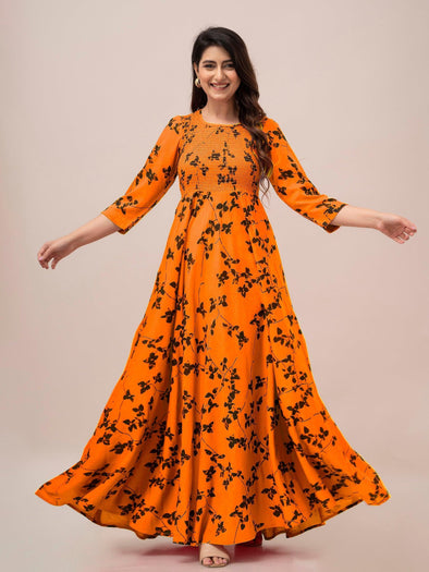Orange Floral Print Smocked Maxi Fit and Flare Dress