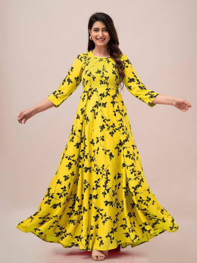 Yellow Floral Print Smocked Maxi Fit and Flare Dress