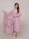 Lilac Violet Floral Print with Yoke Design A-Line Kurta with Trousers & Dupatta