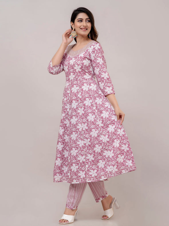 Lilac Violet Floral Print with Yoke Design A-Line Kurta with Trousers & Dupatta