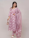 Lilac Violet Floral Print with Yoke Design A-Line Kurta with Trousers & Dupatta