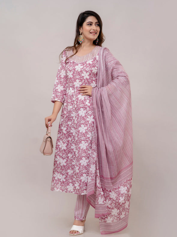 Lilac Violet Floral Print with Yoke Design A-Line Kurta with Trousers & Dupatta