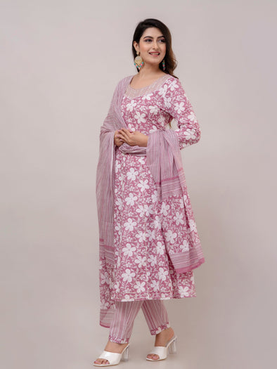 Lilac Violet Floral Print with Yoke Design A-Line Kurta with Trousers & Dupatta