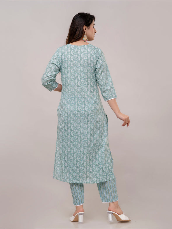 Teal Floral Print with Yoke Design A-Line Kurta with Trousers & Dupatta