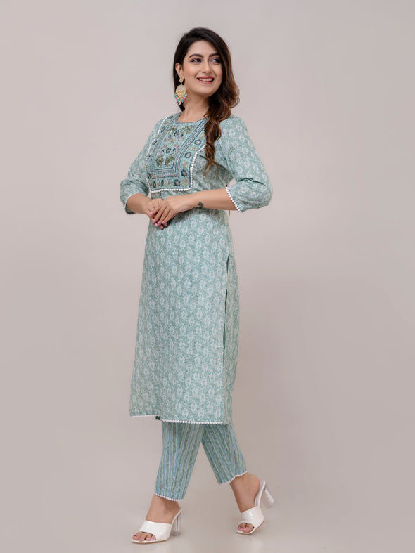 Teal Floral Print with Yoke Design A-Line Kurta with Trousers & Dupatta