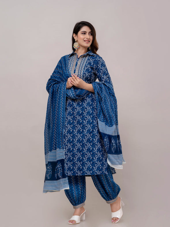 Women Navy Sequinned Yoke Design Kurta with Pyjamas & Dupatta