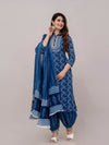 Women Navy Sequinned Yoke Design Kurta with Pyjamas & Dupatta