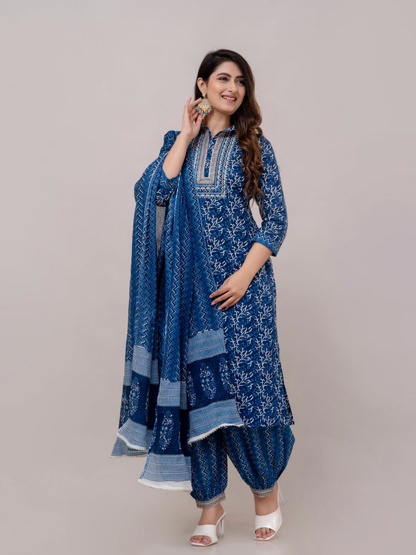 Women Navy Sequinned Yoke Design Kurta with Pyjamas & Dupatta