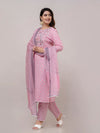 Taffy Pink Floral Print with Yoke Design A-Line Kurta with Trousers & Dupatta