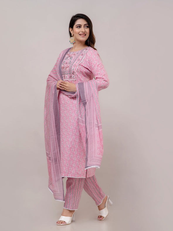 Taffy Pink Floral Print with Yoke Design A-Line Kurta with Trousers & Dupatta