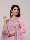 Taffy Pink Floral Print with Yoke Design A-Line Kurta with Trousers & Dupatta