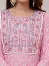 Taffy Pink Floral Print with Yoke Design A-Line Kurta with Trousers & Dupatta