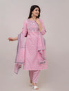 Taffy Pink Floral Print with Yoke Design A-Line Kurta with Trousers & Dupatta