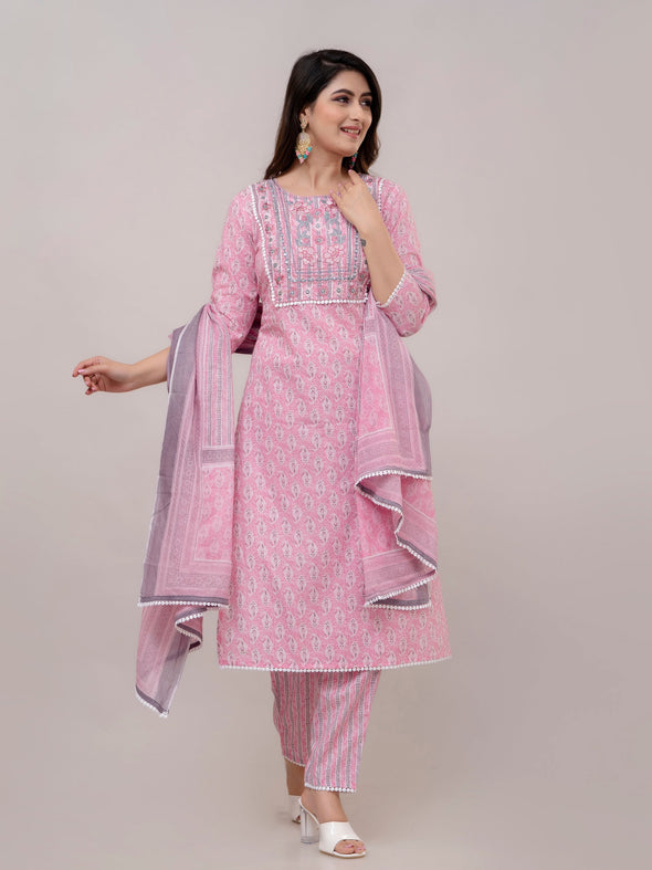 Taffy Pink Floral Print with Yoke Design A-Line Kurta with Trousers & Dupatta