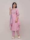 Taffy Pink Floral Print with Yoke Design A-Line Kurta with Trousers & Dupatta