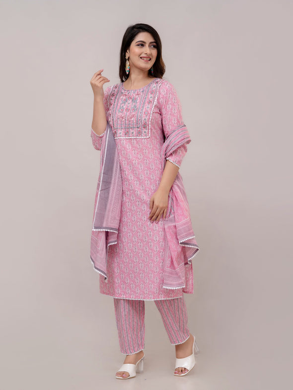 Taffy Pink Floral Print with Yoke Design A-Line Kurta with Trousers & Dupatta