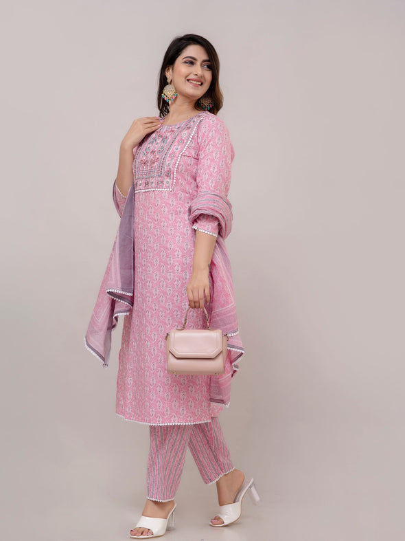 Taffy Pink Floral Print with Yoke Design A-Line Kurta with Trousers & Dupatta