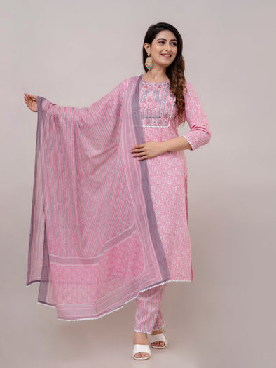 Taffy Pink Floral Print with Yoke Design A-Line Kurta with Trousers & Dupatta