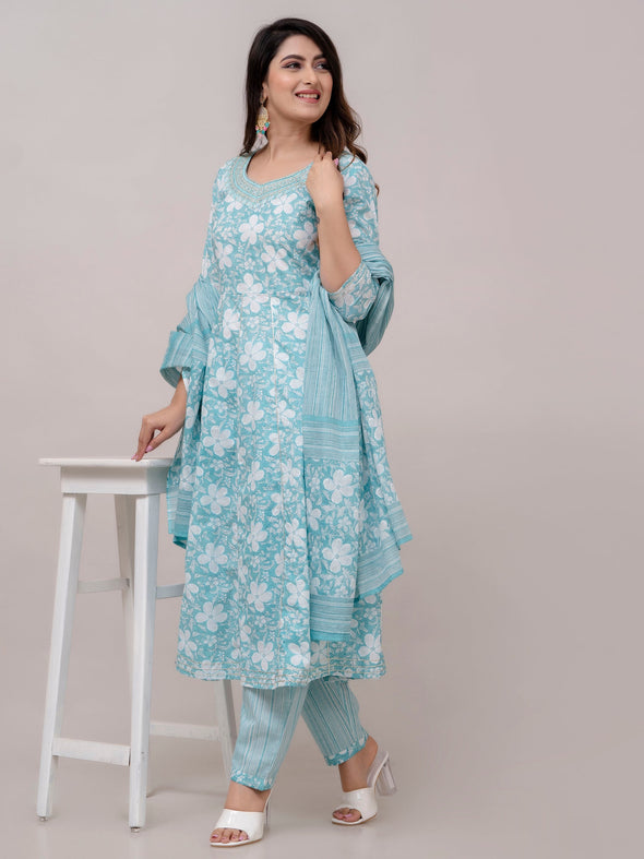 Arctic Blue Floral Print with Yoke Design A-Line Kurta with Trousers & Dupatta