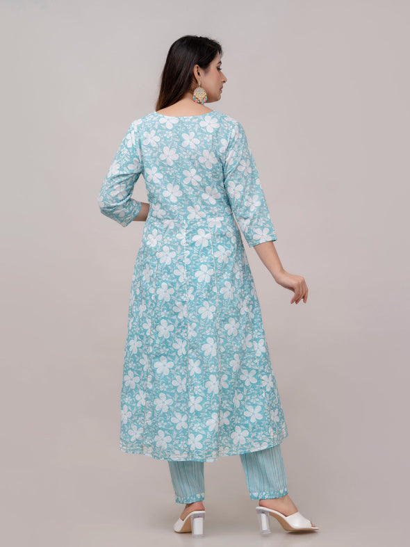 Arctic Blue Floral Print with Yoke Design A-Line Kurta with Trousers & Dupatta