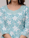 Arctic Blue Floral Print with Yoke Design A-Line Kurta with Trousers & Dupatta