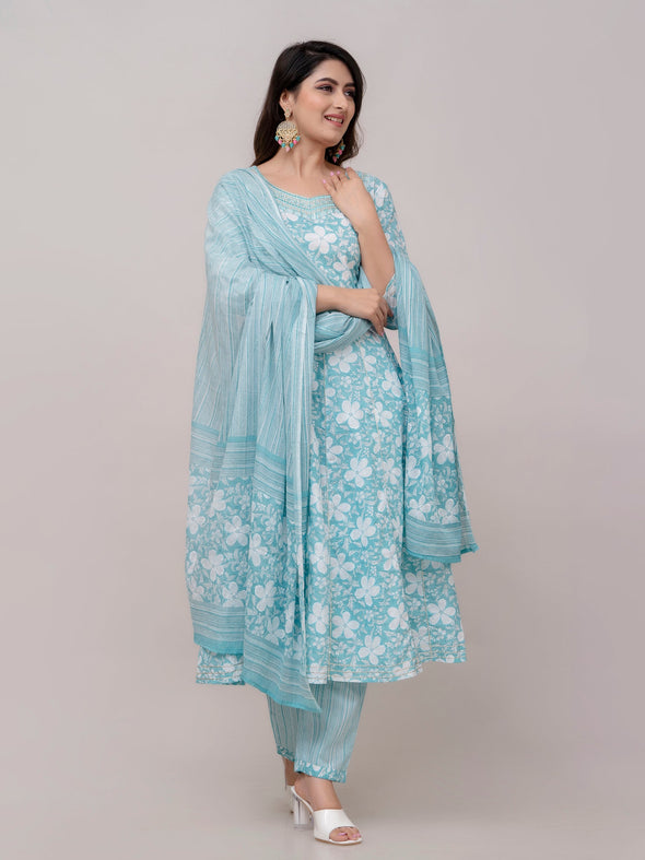 Arctic Blue Floral Print with Yoke Design A-Line Kurta with Trousers & Dupatta