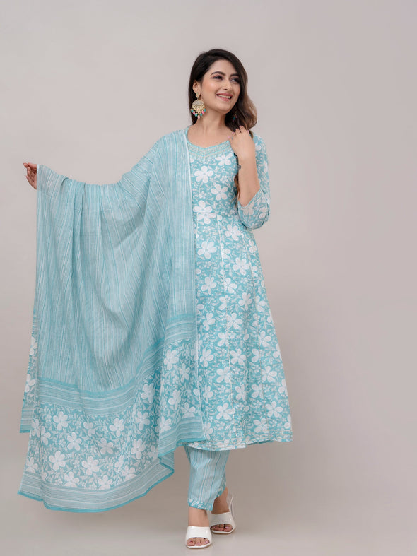 Arctic Blue Floral Print with Yoke Design A-Line Kurta with Trousers & Dupatta