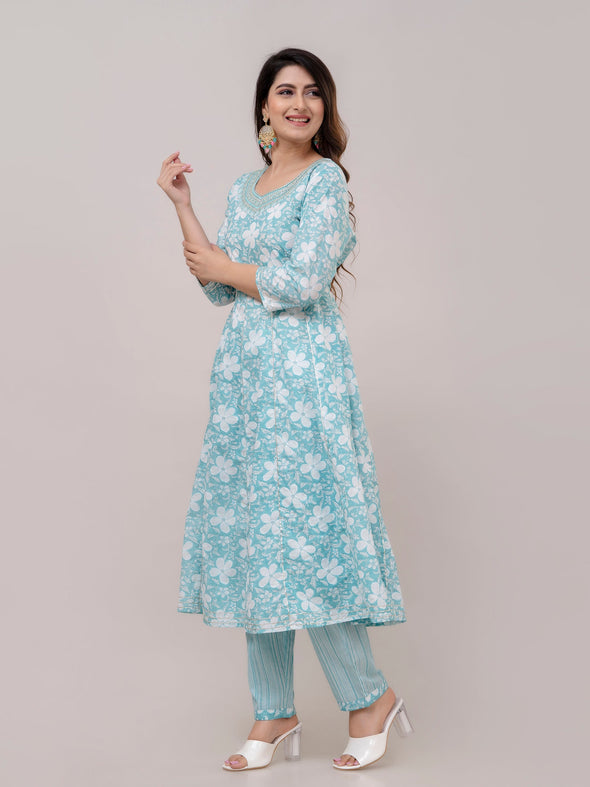 Arctic Blue Floral Print with Yoke Design A-Line Kurta with Trousers & Dupatta