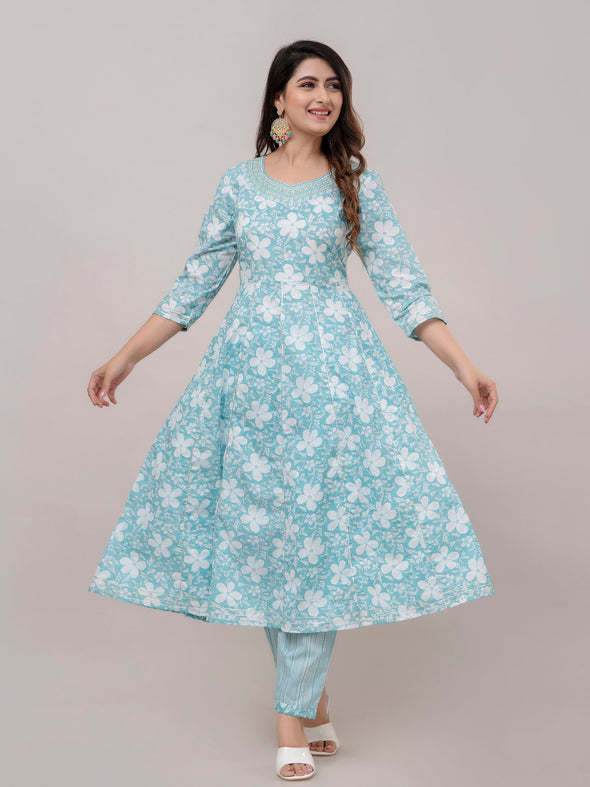 Arctic Blue Floral Print with Yoke Design A-Line Kurta with Trousers & Dupatta