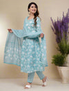 Arctic Blue Floral Print with Yoke Design A-Line Kurta with Trousers & Dupatta