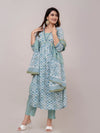 Teal Blue Floral Print with Yoke Design Anarkali Kurta with Trousers & Dupatta