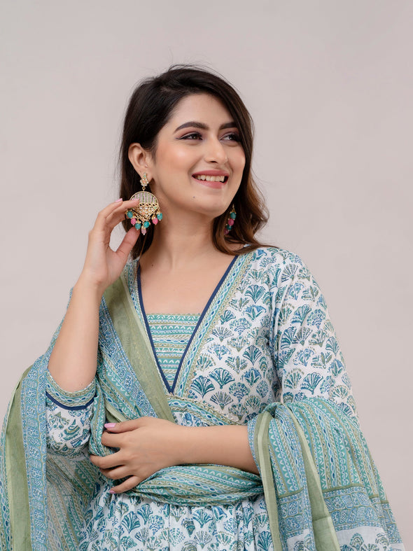 Teal Blue Floral Print with Yoke Design Anarkali Kurta with Trousers & Dupatta