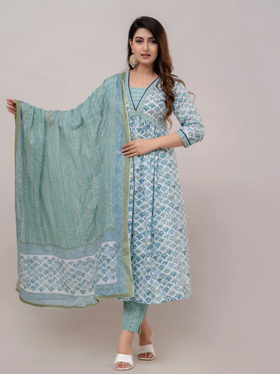 Teal Blue Floral Print with Yoke Design Anarkali Kurta with Trousers & Dupatta