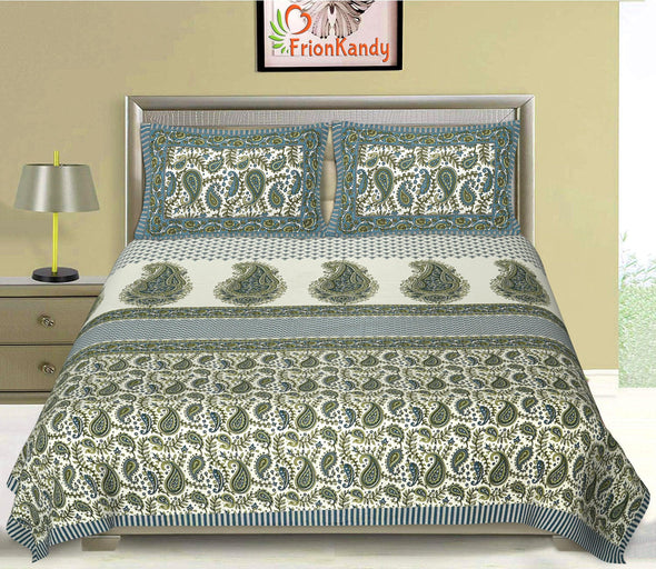 Blue Jaipuri Majestic Print 240 TC Cotton Double Bed Sheet With 2 Pillow Covers (SHKV1001)