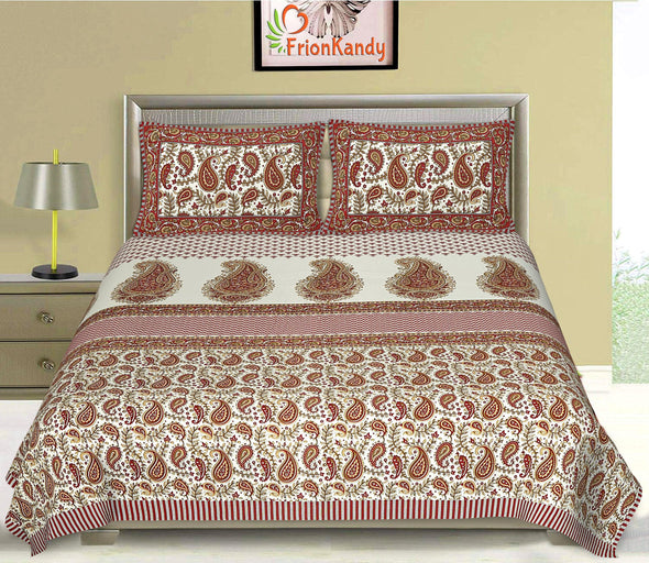 Maroon Jaipuri Majestic Print 240 TC Cotton Double Bed Sheet With 2 Pillow Covers (SHKV1002) - Frionkandy