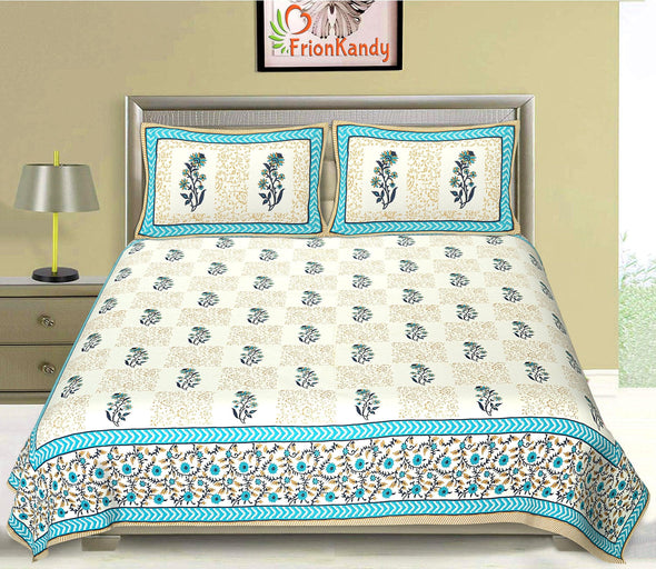 Turquoise Jaipuri Majestic Print 240 TC Cotton Double Bed Sheet With 2 Pillow Covers (SHKV1004)