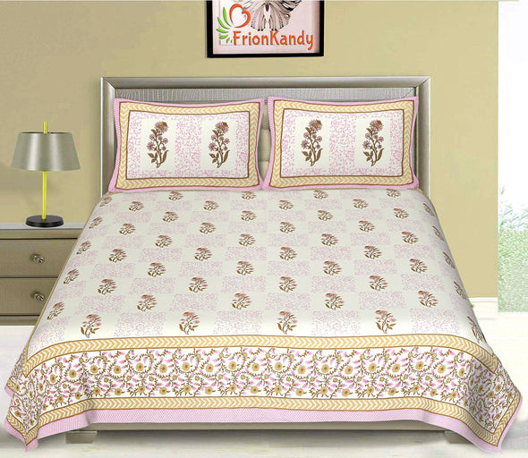 Pink Jaipuri Majestic Print 240 TC Cotton Double Bed Sheet With 2 Pillow Covers (SHKV1005) - Frionkandy