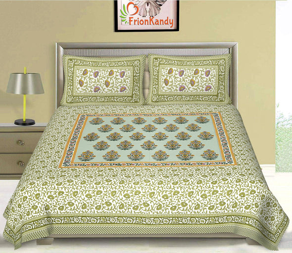 Olive Green Jaipuri Majestic Print 240 TC Cotton Double Bed Sheet With 2 Pillow Covers (SHKV1008)