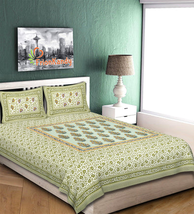 Olive Green Jaipuri Majestic Print 240 TC Cotton Double Bed Sheet With 2 Pillow Covers (SHKV1008) - Frionkandy