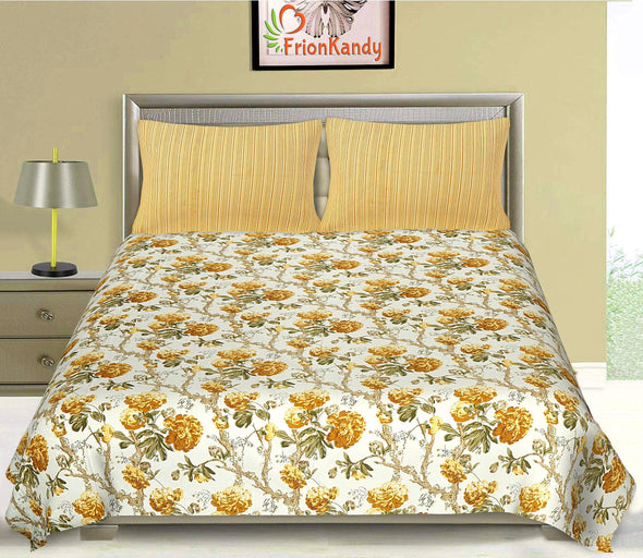 Yellow Jaipuri Majestic Print 240 TC Cotton Double Bed Sheet With 2 Pillow Covers (SHKV1010)