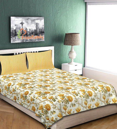 Yellow Jaipuri Majestic Print 240 TC Cotton Double Bed Sheet With 2 Pillow Covers (SHKV1010) - Frionkandy