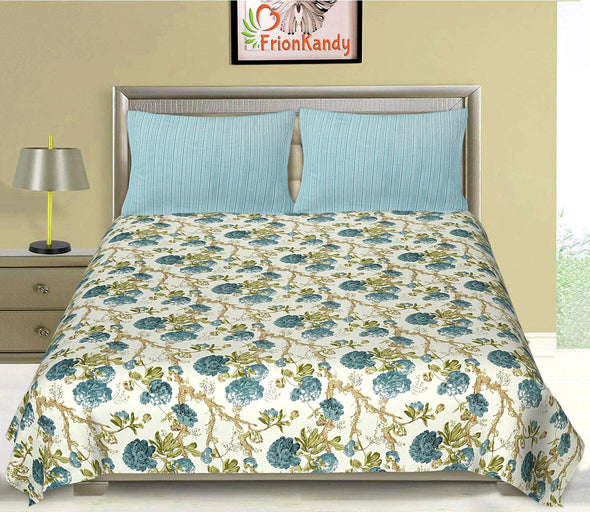 Aqua Blue Jaipuri Majestic Print 240 TC Cotton Double Bed Sheet With 2 Pillow Covers (SHKV1011) - Frionkandy