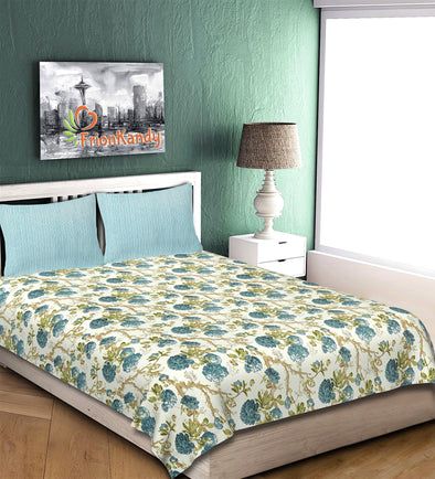 Aqua Blue Jaipuri Majestic Print 240 TC Cotton Double Bed Sheet With 2 Pillow Covers (SHKV1011) - Frionkandy