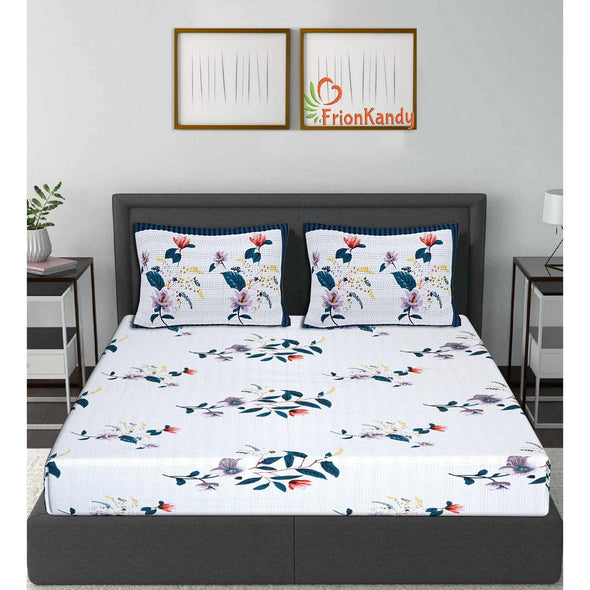 Blue Majestic Floral Print 240 TC Cotton Double Bed Sheet With 2 Pillow Covers (SHKV1016)