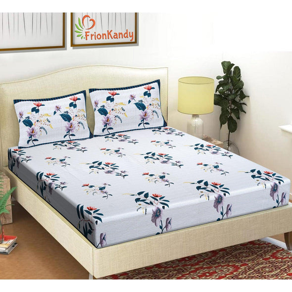 Blue Majestic Floral Print 240 TC Cotton Double Bed Sheet With 2 Pillow Covers (SHKV1016)