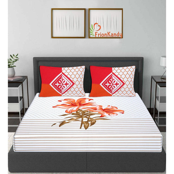 Red Majestic Floral Print 240 TC Cotton Double Bed Sheet With 2 Pillow Covers (SHKV1017)